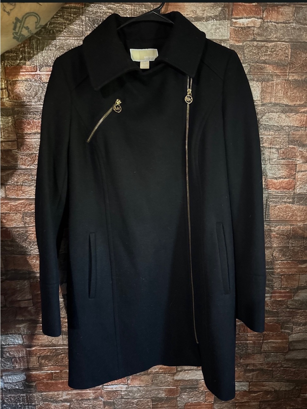 Michael Kors Black Asymmetrical Wool-Blend Peacoat with Gold Zippers